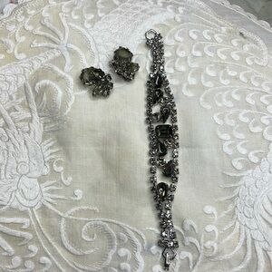 Vintage silver tone and light green/gray bracelet and earrings
